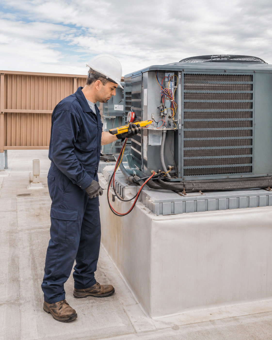 HVAC technician servicing rooftop commercial equipment