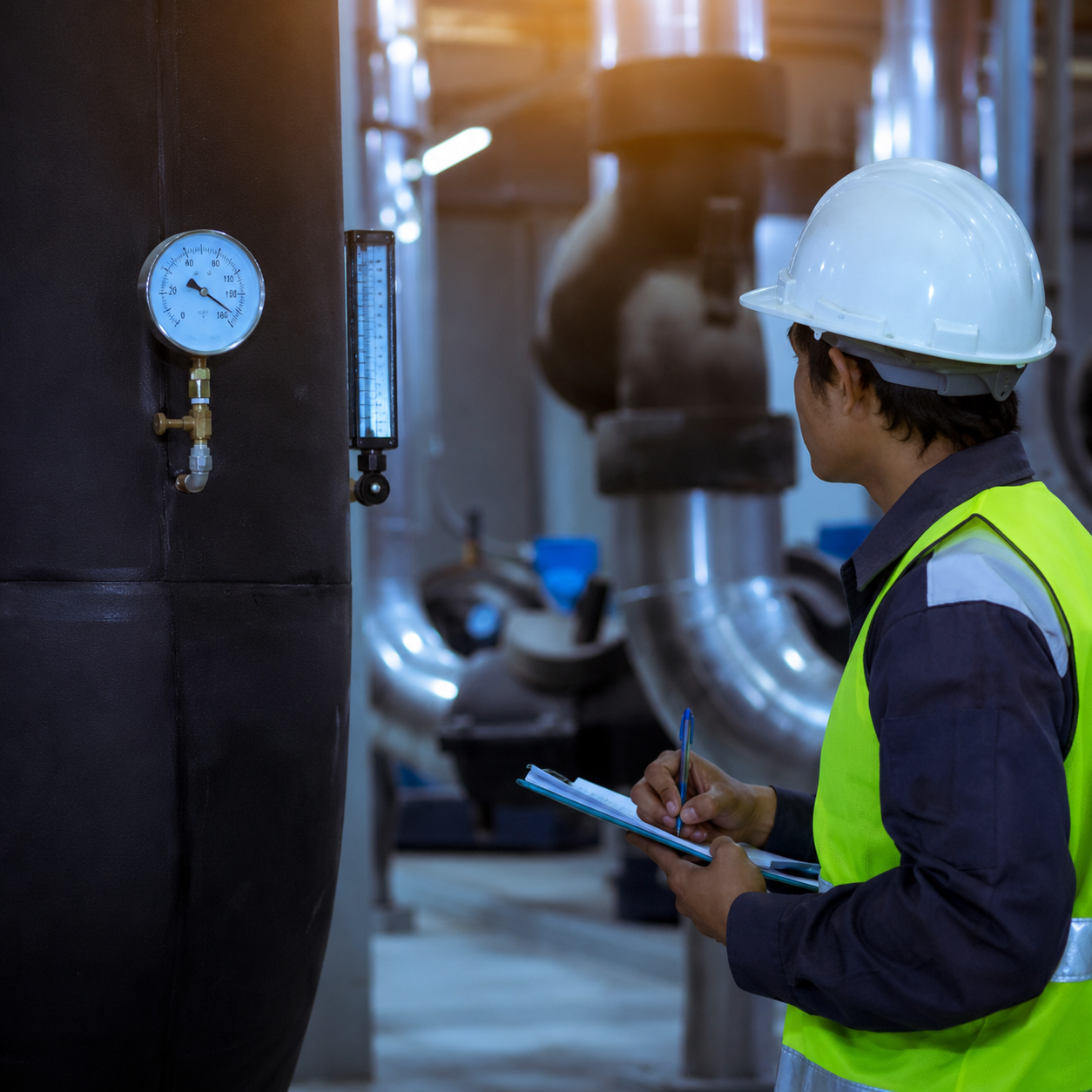 ACE Mechanical technician inspecting industrial HVAC piping and gauges